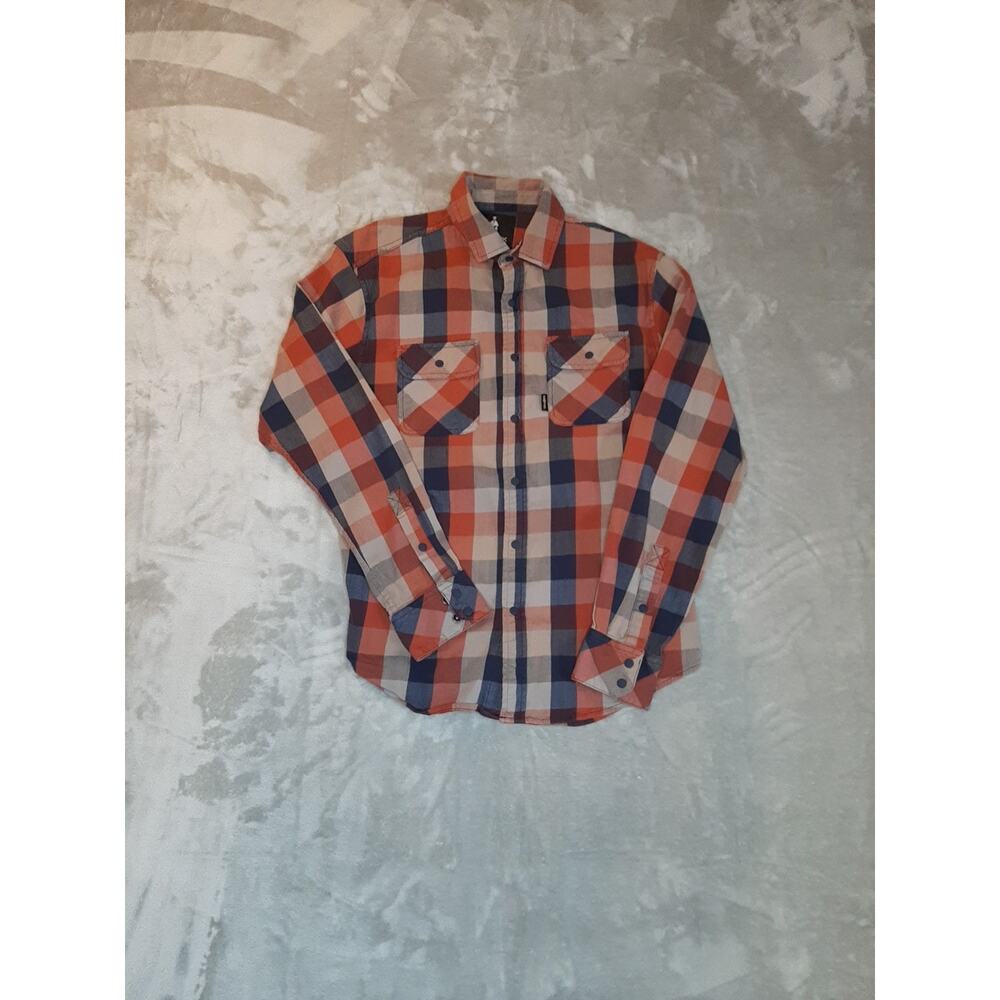 Kryptek Flannel Shirt Mens Med Blue Biege Pink Plaid Snap Front Long Sleeves